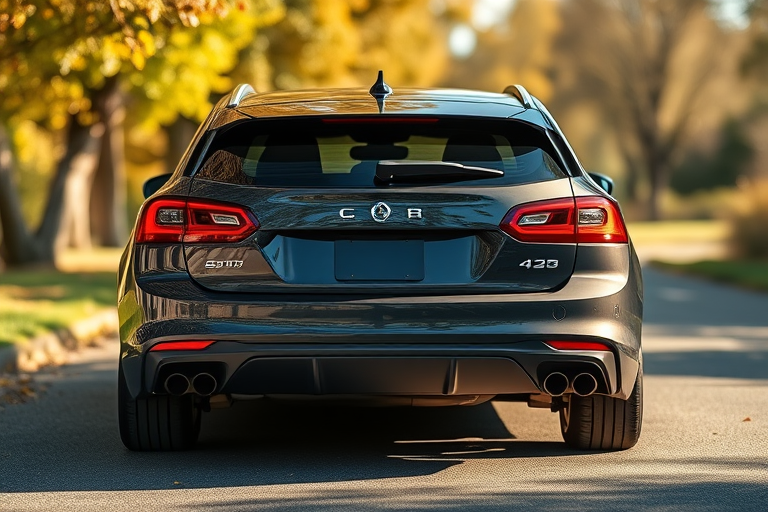 Regenerate an image of a rear view of a car, use a DSLR camera with an aperture of f/8, shutter speed of 1/200 sec, ISO 100, focal length of 50mm, taken in natural light with a shallow depth of field for enhanced clarity.