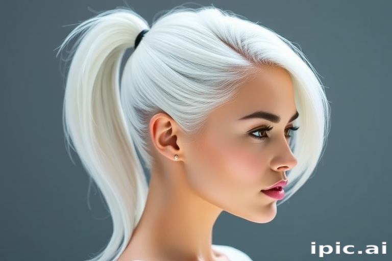 Icy white hair styled in a sleek, high ponytail called "Arctic Queen," features a glass-like shine and razor-sharp edges, with baby hairs artfully laid to frame the face, exuding an air of regal elegance and modern sophistication