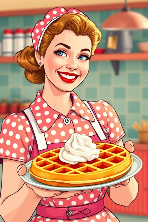 Create a high-resolution illustration of a retro housewife smiling while holding a plate of waffles topped with whipped cream, with bright colors and an emphasis on vintage aesthetics, shot with a Canon EOS R5, 50mm lens, f/2.8 aperture, in soft natural lighting and a shallow depth of field.