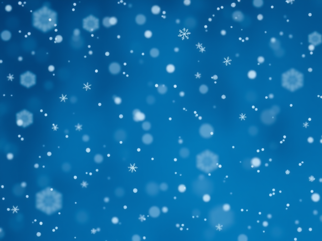 Generate a winter scene with a blue background filled with falling snowflakes of various sizes, capturing the essence of a snowy day, using a DSLR camera, 50mm lens, f/2.8 aperture, ISO 100, and a shutter speed of 1/250 seconds.