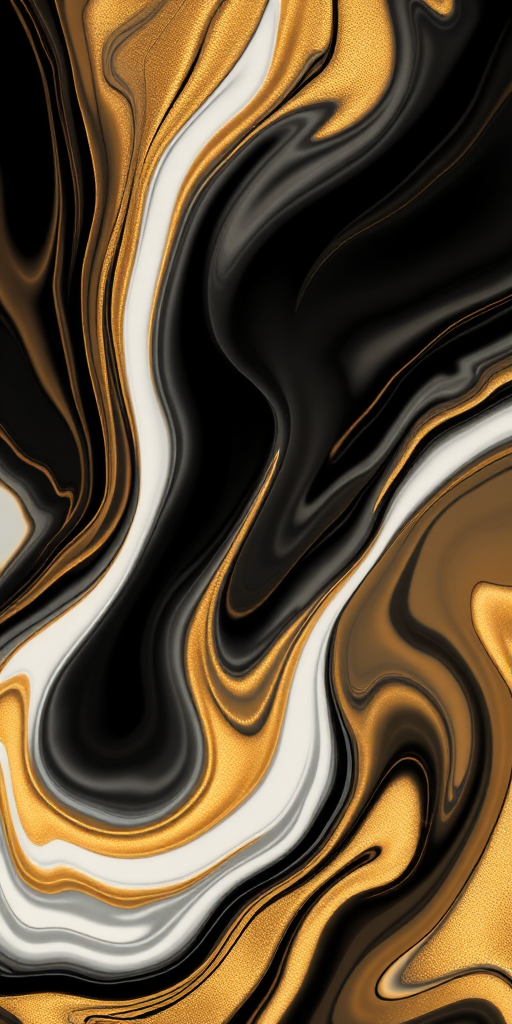 create an abstract image featuring swirling black, white, and gold colors with a smooth flowing appearance, taken with a DSLR camera, aperture f/2.8, shutter speed 1/125s, ISO 100, wide-angle lens 24mm, top-down view, high resolution