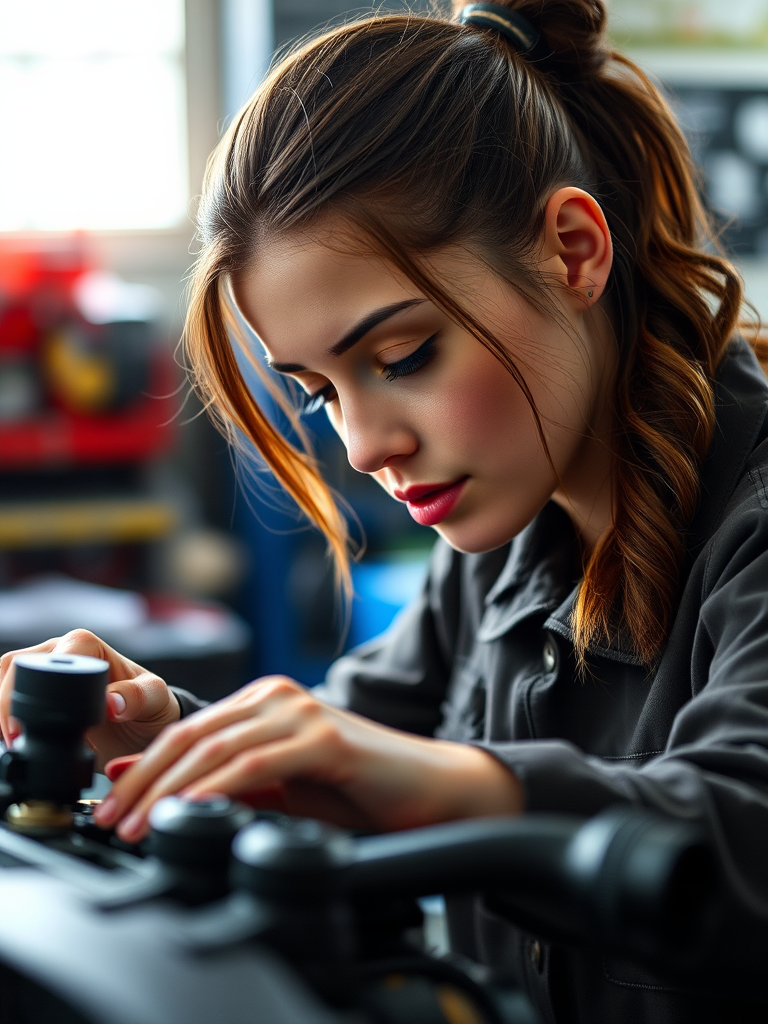 A female mechanic working on an engine in a workshop, with a focus on her detailed expression, soft natural lighting, 50mm lens, f/1.8 aperture, ISO 200, shallow depth of field, DSLR camera, high-resolution.