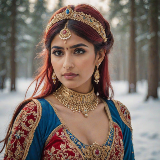 mia khalifa with long, flowing red hair, wearing a traditional, ornate red and blue costume with gold accents and intricate embroidery, stands facing the viewer in a close-up portrait. Her hair is styled in a high ponytail and adorned with a pair of golden, winged hairpieces. She wears gold earrings and her makeup is accented with light pink blush and a bright red lip. She has a soft and slightly melancholic expression, with her eyes looking directly at the camera. The background is a blurred, out-of-focus snowy landscape, with the woman in the foreground. The lighting is soft and natural, creating a warm, intimate atmosphere. The image is composed using a shallow depth of field, with the woman as the main focal point. The overall style is elegant, delicate, and fairytale-like.