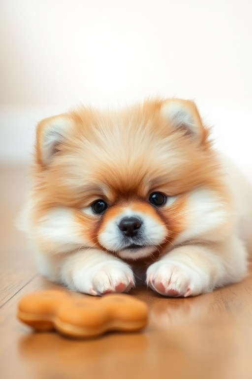 A fluffy Pomeranian puppy lying on a wooden floor with a treat in front, natural light, shallow depth of field, ISO 200, f/2.8, 50mm lens, DSLR camera.