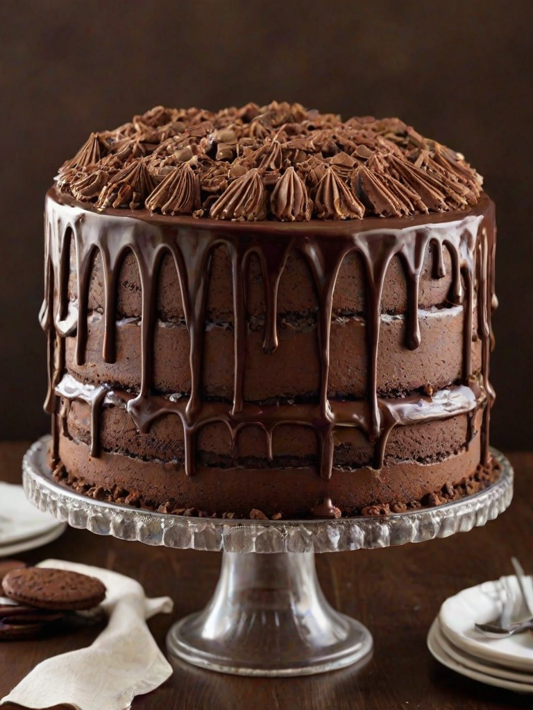 Create a tall chocolate cake with layers of creamy chocolate frosting. The cake should be topped with a generous amount of crushed cookies, brownie pieces, and whole chocolate sandwich cookies. Include a rich chocolate ganache drizzling down the sides for a decadent effect. The cake should be placed on a clear glass cake stand, with a cozy kitchen background.
