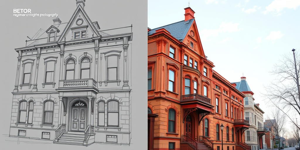 Regenerate a high-resolution image of a Victorian-era building transitioning from a sketch to a detailed photograph, with daytime lighting, using a DSLR camera, 50mm lens at f/1.8, ISO 100, and a vibrant color palette for enhanced realism.
