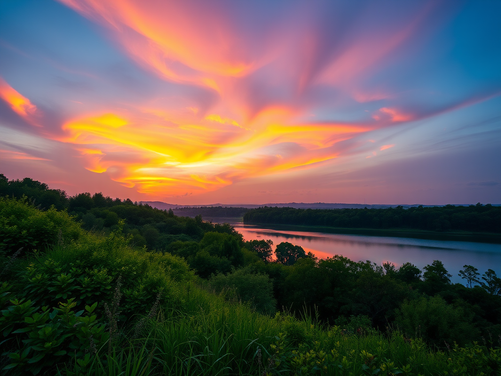 Generate a high-resolution image of a serene landscape at sunset, capturing vibrant orange and purple hues in the sky, lush greenery in the foreground, with a calm lake reflecting the colors, shot with a DSLR camera at f/8 for depth of field, ISO 100, 1/200s shutter speed, in landscape orientation.