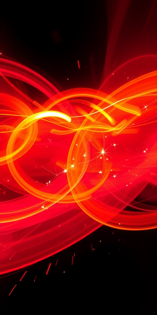 Generate an abstract image with vibrant colors of red, orange, and yellow swirling together, incorporating dynamic light trails and star-like sparkles, captured with a Canon EOS R5 at f/2.8, ISO 100, 1/125 sec, wide angle view, using a long exposure style to enhance the luminosity and depth.