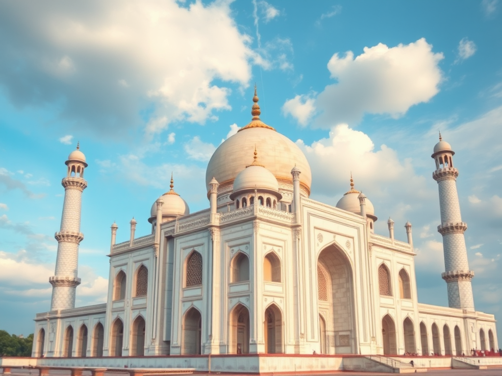 Generate a high-resolution digital painting of a grand white marble mausoleum with multiple domes and minarets, set against a slightly cloudy sky, with an emphasis on soft watercolor textures, taken with a DSLR camera at f/4 aperture, 35mm focal length, and a low-angle view to capture the height of the structure, using a vibrant color palette for a dreamy atmosphere.