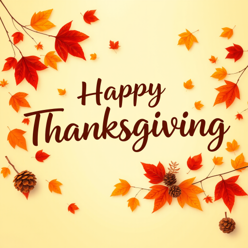 Create a warm and festive autumn-themed image with a gradient background of orange and yellow hues. Include a variety of falling leaves in shades of red, orange, and brown. In the center, display the text "Happy Thanksgiving" in a stylish and inviting font, using a dark brown color for contrast. Add subtle decorative elements like pine cones and additional leaves for a cozy, seasonal feel.