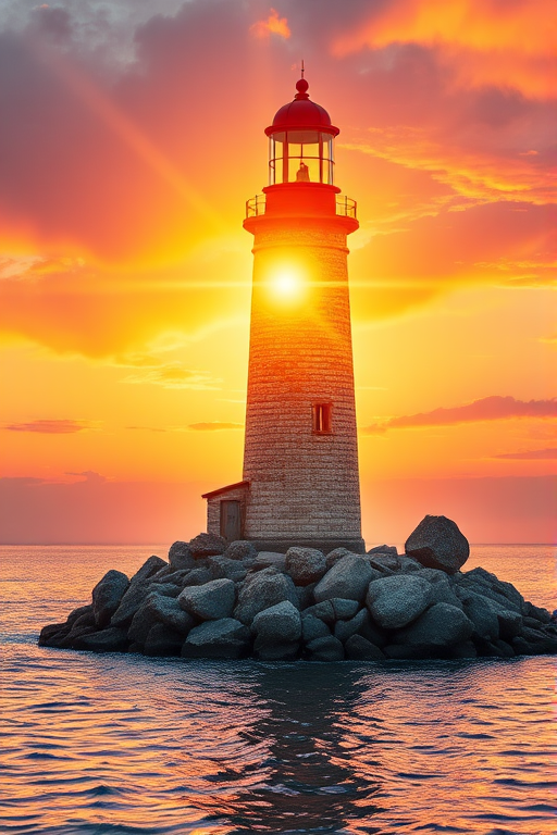 Generate an image of a tall lighthouse perched on a rocky outcrop surrounded by calm ocean waters during a breathtaking sunset. The lighthouse stands sturdy and weathered, its stone surface illuminated by the warm golden light of the setting sun. The sun's rays pass directly through the glass lantern room at the top of the lighthouse, casting a brilliant light across the scene. The sky is painted with vibrant shades of orange, pink, and purple, reflecting off the tranquil sea. The surrounding water shimmers with the same warm hues, creating a serene and majestic atmosphere.