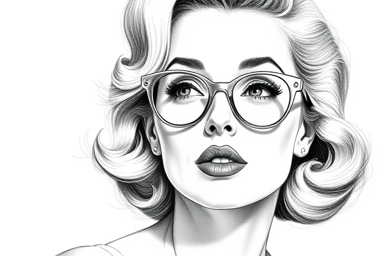 Beautiful Bette Davis, pencil sketch, portrait of beautiful woman 60s in glasses, hair style beatnik, outline, clear lines, fine lines, 8k