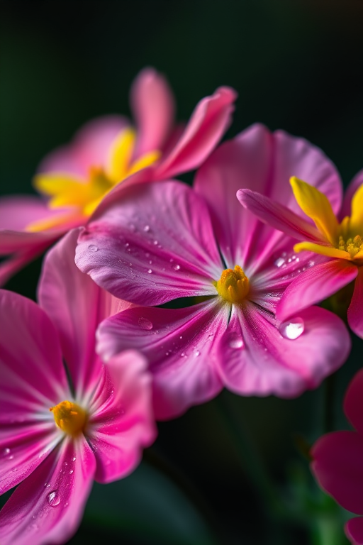 close-up of pink and yellow flowers with dew drops in a dark background, captured with a Canon EOS 5D Mark IV, f/2.8, ISO 100, 1/200s, macro lens, soft focus style, natural lighting