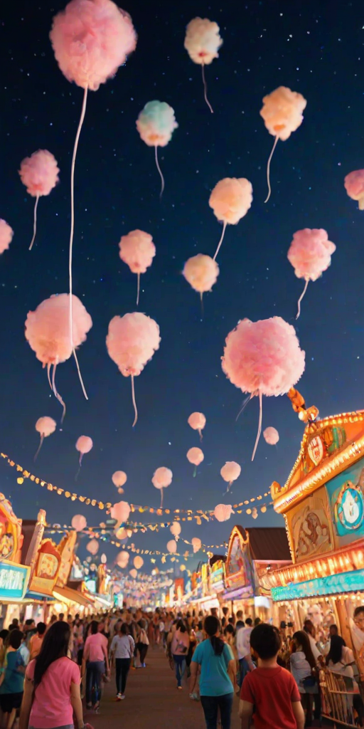 Vibrant carnival scene, with colorful rides and games, children excitedly clutching cotton candy, and festive lights illuminating the night sky, creating an atmosphere of joy and celebration.