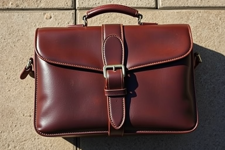 Create a high-resolution image of a stylish leather briefcase with a sleek buckle, captured from a top-down angle using a DSLR camera at f/2.8 aperture, ISO 100, 50mm lens, in bright daylight to enhance details and textures.