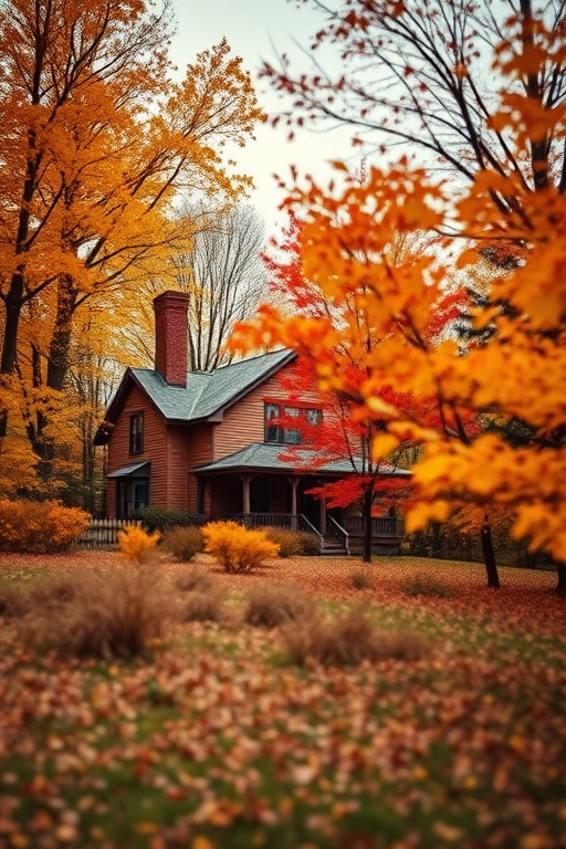 autumn landscape with a cozy house surrounded by vibrant fall foliage, golden leaves on trees, overcast sky, wide-angle view, DSLR camera, aperture f/8, shutter speed 1/250s, ISO 200, focus on foreground house with blurred background for depth enhancement