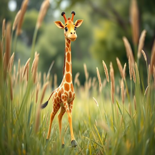 a cartoon giraffe walking through tall grass in a whimsical style, bright colors, soft focus, DSLR camera, aperture f/2.8, shutter speed 1/250s, ISO 100, taken from eye level perspective, natural lighting