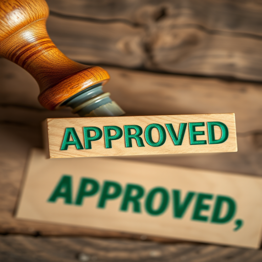Generate an image of a wooden stamp with the word "APPROVED" in bold green letters, using a shallow depth of field, macro lens, top-down view, with natural lighting, 50mm focal length, f/2.8 aperture, ISO 100.