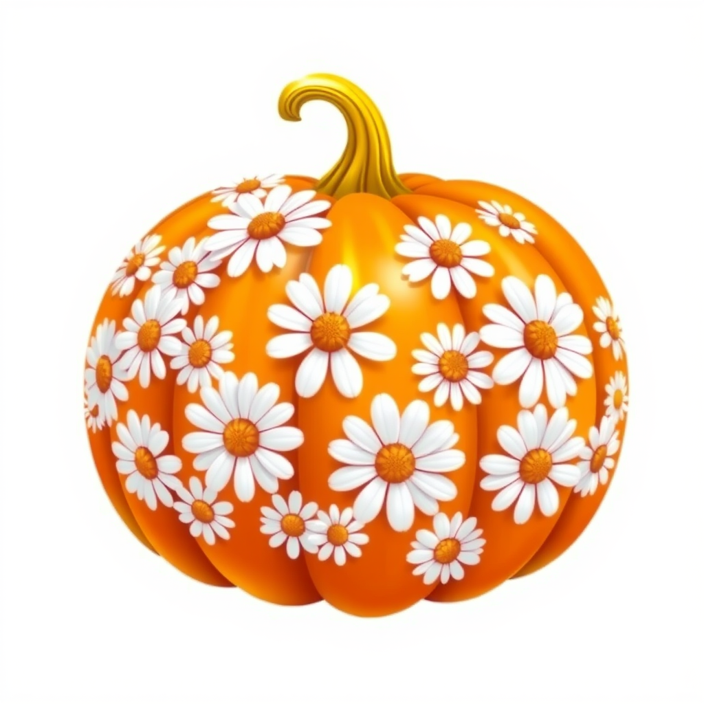 a whimsical orange pumpkin with white daises pattern covering the pumpkin. Solid white background sublimation vector 3000dpi 32k
