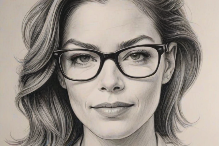 Radiant Michelle Monaghan, pencil sketch, portrait of Elegant woman 1945s in glasses, hair style beatnik, outline, clear lines, fine lines, 8k