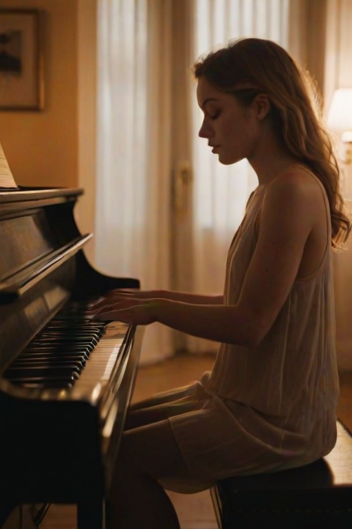 Blurry candid shot of a woman playing the piano in a dimly lit room, soft golden light from candles casting delicate shadows, with sheet music softly blurred on the stand.