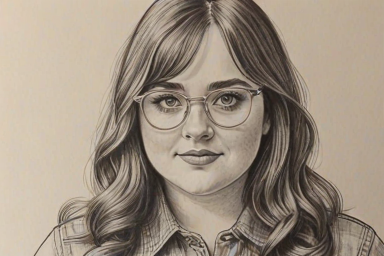 Attractive Aidy Bryant, pencil sketch, portrait of Attractive woman 1972s in glasses, hair style beatnik, outline, clear lines, fine lines, 8k