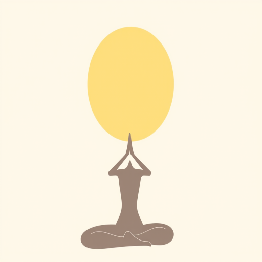 Create a minimalist illustration of a person in a yoga pose, with a large golden circle above them, using soft colors and smooth lines; captured in high resolution with a DSLR camera at f/2.8, ISO 100, in natural light, with a shallow depth of field.