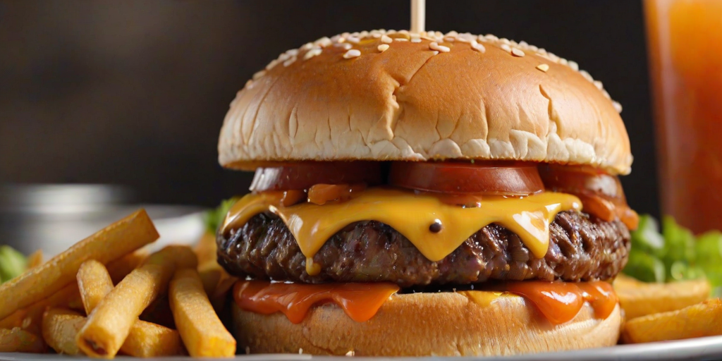 High-resolution, close-up image of a gourmet double cheeseburger. The burger features a glossy, sesame-seed-topped brioche bun. Inside, there are two thick, juicy beef patties, each topped with melted cheddar cheese. The burger is garnished with fresh lettuce, tomato slices, diced onions, and pickles. A generous amount of ketchup and a creamy, orange-colored sauce is dripping down the sides, adding to the mouth-watering appeal. In the background, there are blurred elements including a side of golden French fries and a hint of a beverage, enhancing the overall presentation of a delicious meal.