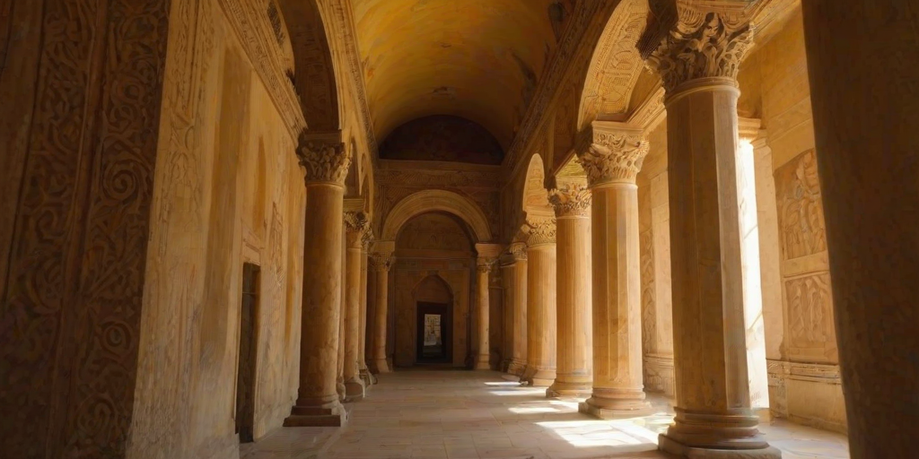 The interior is bathed in a warm, golden light, casting elongated shadows that enhance the grandeur and majesty of the structures. The columns and walls are adorned with intricate, swirling patterns and what appear to be ancient, faded frescoes or murals"