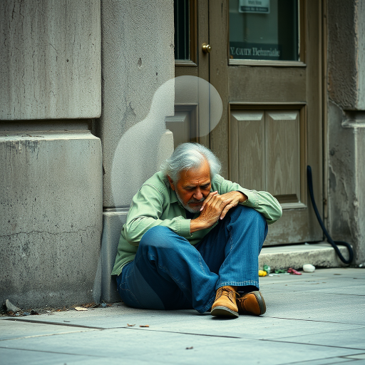 beautifully weathered old homeless veteran sitting on the ground slumping against the wall of a building with his eyes closed. there is an Ethereal, translucent figure of a beautiful elderly woman comforting him