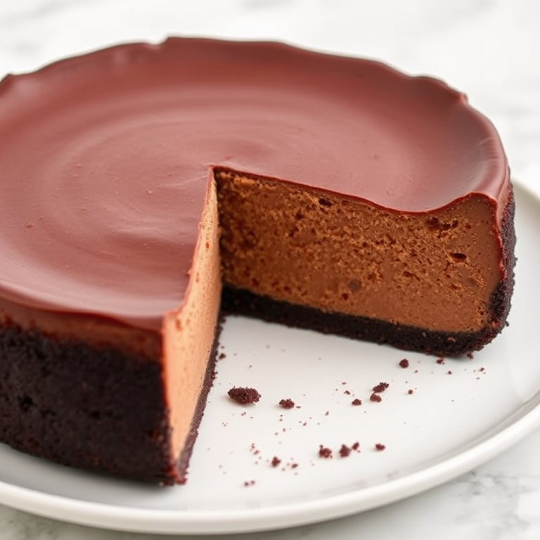 A delicious chocolate cheesecake on a white plate with a slice removed, showcasing its smooth texture and chocolate color, set against a light marble background.
