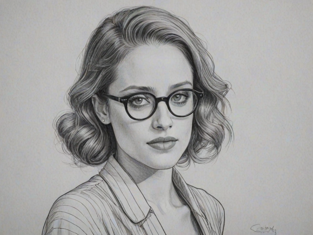 Graceful Carly Chaikin, pencil sketch, portrait of Elegant woman 1934s in glasses, hair style beatnik, outline, clear lines, fine lines, 8k