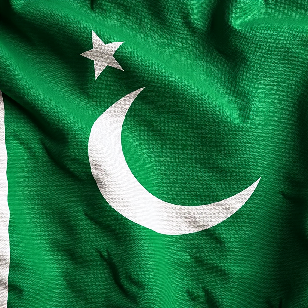 Generate a high-resolution image of the Pakistani flag with realistic textures, captured using a DSLR camera at f/8 aperture, ISO 100, 1/100s shutter speed, from a frontal view, emphasizing vibrant colors and intricate details in the fabric.