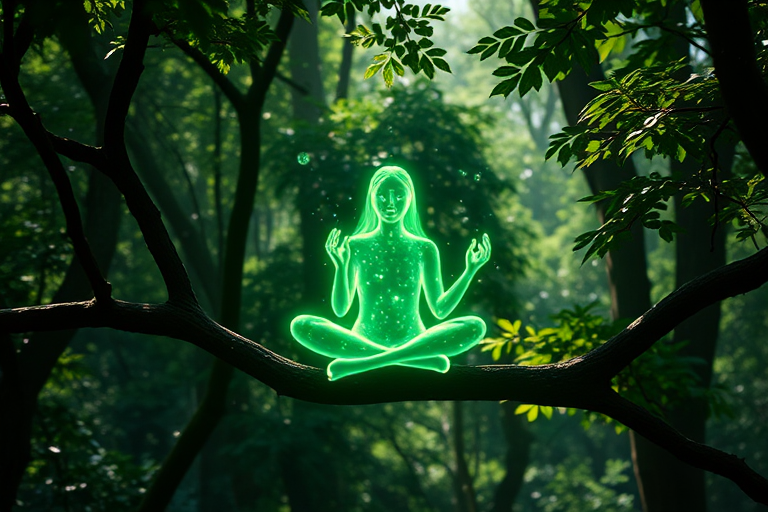 A serene ethereal figure composed of green light and energy sitting cross-legged on a tree branch in a lush forest, with sunlight filtering through the leaves, captured with a DSLR camera at f/2.8, ISO 200, 50mm lens, in soft-focus style to enhance the glow and clarity of the scene.