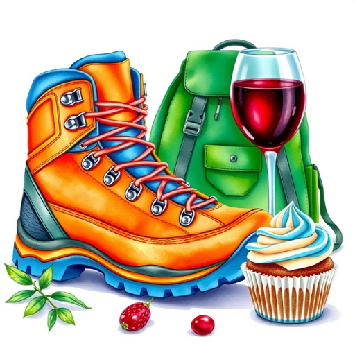 Create a vibrant still life illustration featuring a bright orange and blue hiking boot, a green backpack, a glass of red wine, and a cupcake with blue frosting, using a watercolor style, shot at a 35mm focal length, with an aperture of f/4 to achieve a soft background blur and enhance details, in natural daylight.
