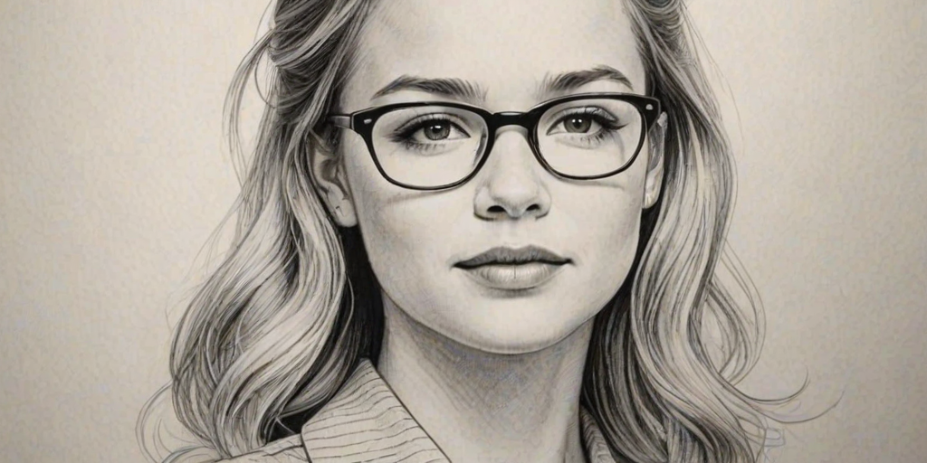 Gorgeous Britt Robertson, pencil sketch, portrait of Beauteous woman 1940s in glasses, hair style beatnik, outline, clear lines, fine lines, 8k