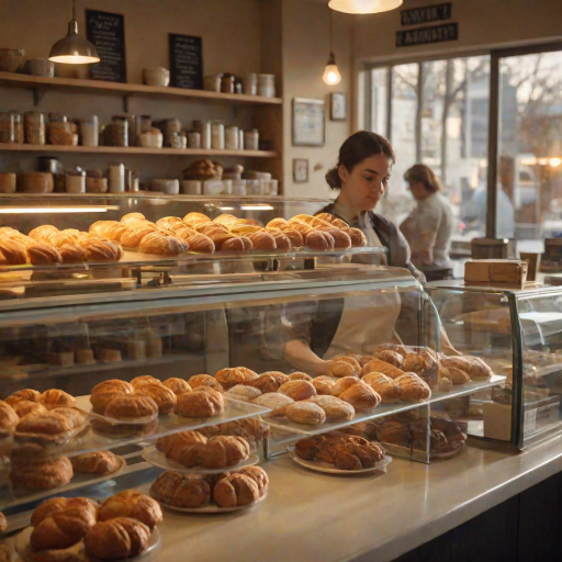 Warmly lit photo of a small bakery at dawn, soft light from the rising sun reflecting off glass cases filled with pastries, and a barista behind the counter blurred in motion.