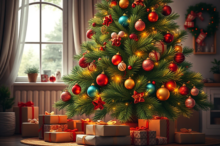 Create a high-resolution digital illustration of a Christmas tree adorned with colorful ornaments, twinkling lights, and surrounded by wrapped presents, using a professional DSLR camera with a 50mm lens, f/1.8 aperture, ISO 100, and soft diffused lighting for an enhanced festive ambiance.