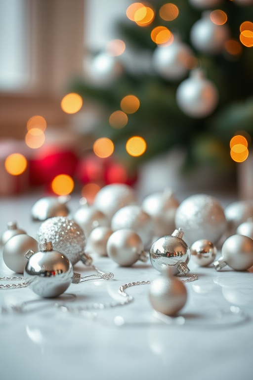 create a high-resolution close-up image of shimmering silver Christmas ornaments scattered on a softly lit surface with a bokeh background using a DSLR camera with a 50mm lens, aperture f/1.8, ISO 100, and a shallow depth of field for enhanced detail and clarity