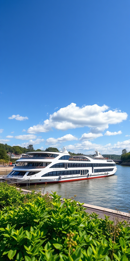 A scenic view of a modern river cruise ship docked by the riverside with lush greenery in the foreground and a clear blue sky with scattered clouds, taken with a DSLR camera at f/8 aperture, ISO 100, 24mm lens, with a wide-angle perspective and vibrant colors.