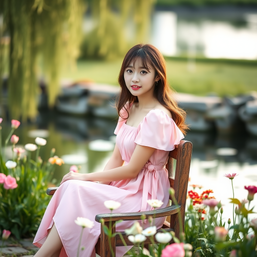 Generate a portrait of a young woman in a pink dress sitting on a wooden chair by a serene pond, surrounded by flowers, soft afternoon light, aperture f/2.8, ISO 100, 85mm lens, shot with a DSLR camera, shallow depth of field for a dreamy effect.