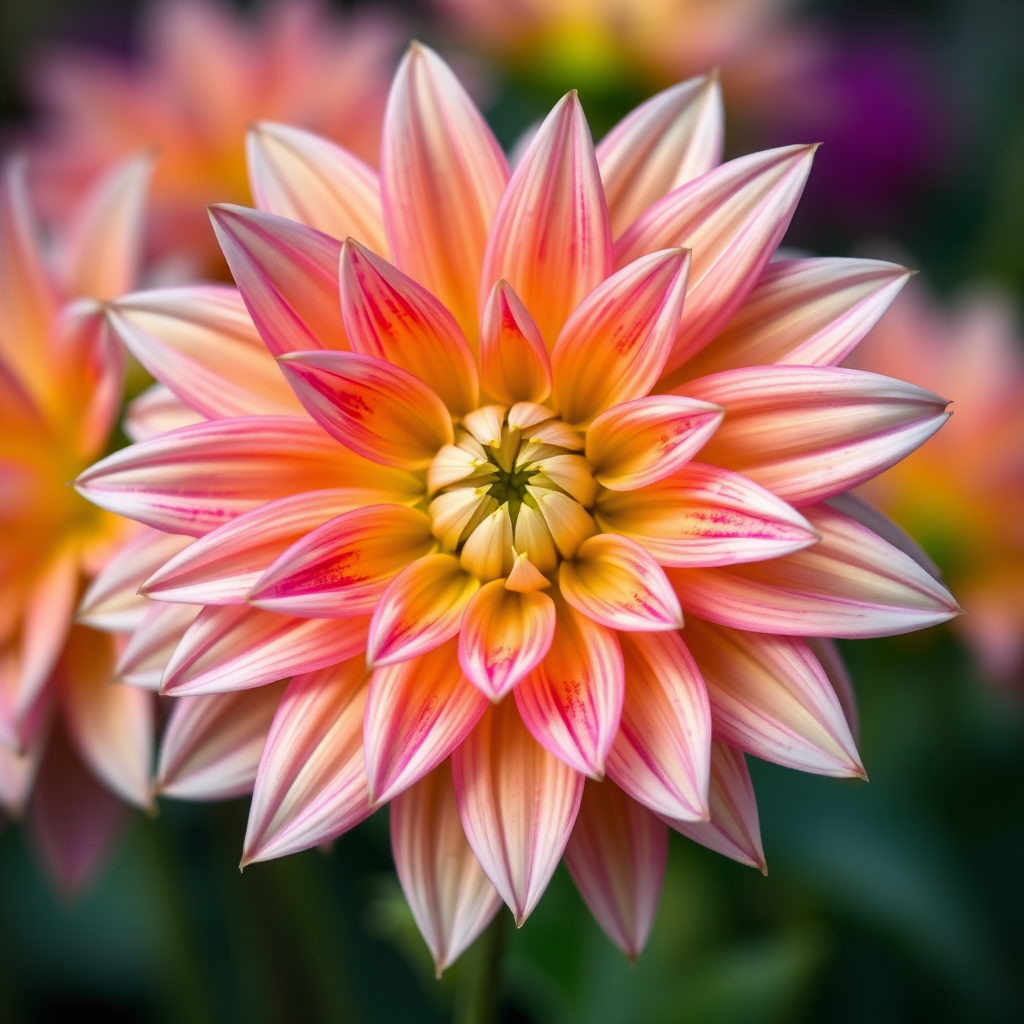 vibrant dahlia flower close-up, high resolution, aperture f/2.8, shutter speed 1/200s, ISO 100, macro lens, natural lighting, soft focus background