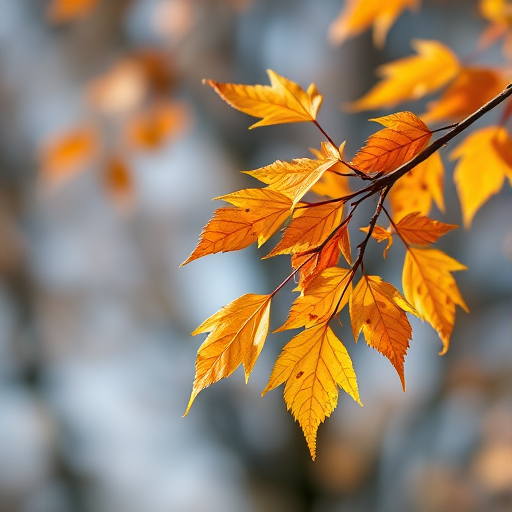 capture a vivid image of autumn leaves on a branch with a shallow depth of field, focus on yellow and orange leaves against a blurred background, use a Nikon D850 camera with a 50mm f/1.8 lens, aperture set to f/2.8, ISO 200, shutter speed 1/250s, in natural daylight for enhanced colors and detail