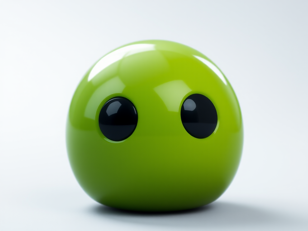 Generate a high-resolution image of a green blob character with a glossy finish and two black eyes, captured from a slightly elevated angle, using a DSLR camera at f/2.8 aperture, ISO 100, and a focal length of 50mm to enhance image quality and depth.