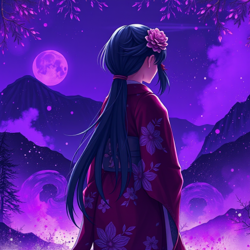 masterpiece, best quality, aesthetic, 8k unreal engine photorealism, ethereal lighting, purple, nighttime, darkness, surreal art, fantasy, glowing, night, (dark environment), Nakiri Ayame, long hair, side ponytail, AyameNewYears, red kimono, floral print, hair flower, sash, wide sleeves, white background, scenery, ink, mountains, water, trees, full body, Unleash a spectrum of colors in a frenetic display, with energetic brushstrokes, splattering paints, and wild color combinations colliding in a truly chaotic manner, from behind,