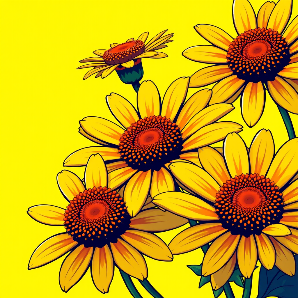 Create a vibrant illustration of stylized flowers with yellow petals and orange centers against a bright yellow background, using a high-resolution digital art style with a 50mm lens, aperture f/2.8, and soft focus to enhance image quality.