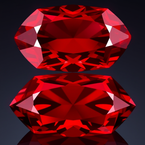 high-resolution illustration of two red gemstones, top view and bottom view, reflective surfaces with sharp facets, rich colors, soft lighting, DSLR camera, f/1.8 aperture, 50mm lens, ISO 100, studio setup, high dynamic range