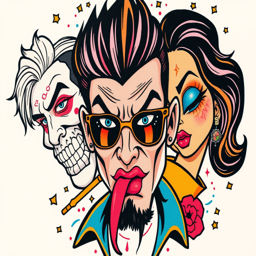 New school tattoo titled "Pop Culture Fusion" combining bold outlines exaggerated proportions and bright cartoon-inspired colors to create larger-than-life character designs