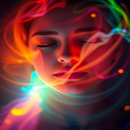 Portrait of a serene face with vibrant, swirling light and color effects around it, taken using a Canon EOS R5, 50mm lens, f/1.8 aperture, ISO 100, 1/125 sec shutter speed, low light setting, with a soft focus to enhance the mystical ambiance.