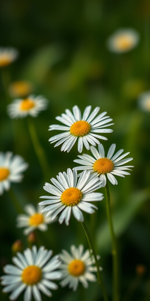Macro shot of dew-covered daisies in a lush green background, using a DSLR camera with a 100mm f/2.8 macro lens, aperture set to f/4, ISO 100, shutter speed 1/200s, natural light, shallow depth of field for a soft bokeh effect.